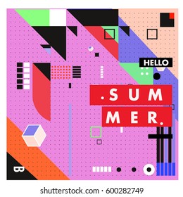 Trendy vector summer cards illustration with line elements and abstract colorful textures. Design for poster, card, invitation, brochure, and promotion template. Fashion art print and background.