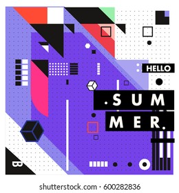 Trendy vector summer cards illustration with line elements and abstract colorful textures. Design for poster, card, invitation, brochure, and promotion template. Fashion art print and background.