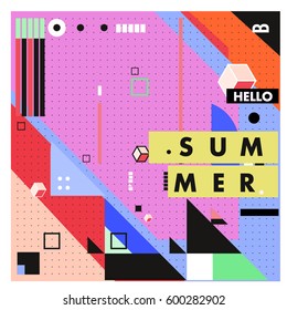 Trendy vector summer cards illustration with line elements and abstract colorful textures. Design for poster, card, invitation, brochure, and promotion template. Fashion art print and background.