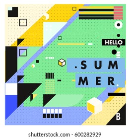Trendy vector summer cards illustration with line elements and abstract colorful textures. Design for poster, card, invitation, brochure, and promotion template. Fashion art print and background.
