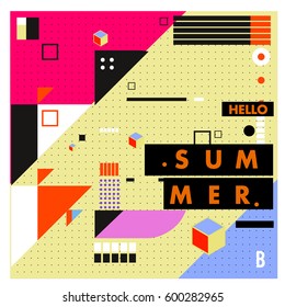 Trendy vector summer cards illustration with line elements and abstract colorful textures. Design for poster, card, invitation, brochure, and promotion template. Fashion art print and background.