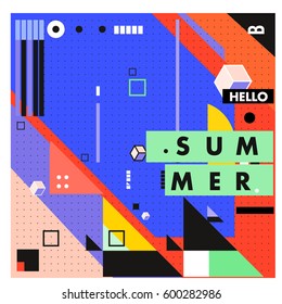 Trendy vector summer cards illustration with line elements and abstract colorful textures. Design for poster, card, invitation, brochure, and promotion template. Fashion art print and background.
