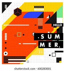 Trendy vector summer cards illustration with line elements and abstract colorful textures. Design for poster, card, invitation, brochure, and promotion template. Fashion art print and background.