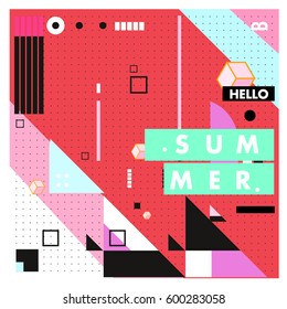 Trendy vector summer cards illustration with line elements and abstract colorful textures. Design for poster, card, invitation, brochure, and promotion template. Fashion art print and background.