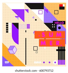 Trendy vector summer cards illustration with line elements and abstract colorful textures. Design for poster, card, invitation, brochure, and promotion template. Fashion art print and background.