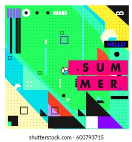 Trendy vector summer cards illustration with line elements and abstract colorful textures. Design for poster, card, invitation, brochure, and promotion template. Fashion art print and background.