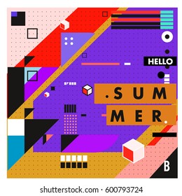 Trendy vector summer cards illustration with line elements and abstract colorful textures. Design for poster, card, invitation, brochure, and promotion template. Fashion art print and background.
