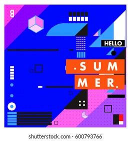 Trendy vector summer cards illustration with line elements and abstract colorful textures. Design for poster, card, invitation, brochure, and promotion template. Fashion art print and background.