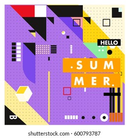 Trendy vector summer cards illustration with line elements and abstract colorful textures. Design for poster, card, invitation, brochure, and promotion template. Fashion art print and background.