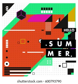 Trendy vector summer cards illustration with line elements and abstract colorful textures. Design for poster, card, invitation, brochure, and promotion template. Fashion art print and background.