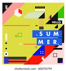 Trendy vector summer cards illustration with line elements and abstract colorful textures. Design for poster, card, invitation, brochure, and promotion template. Fashion art print and background.
