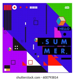 Trendy vector summer cards illustration with line elements and abstract colorful textures. Design for poster, card, invitation, brochure, and promotion template. Fashion art print and background.