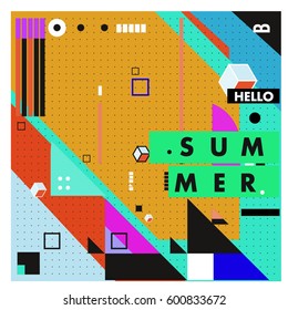 Trendy vector summer cards illustration with line elements and abstract colorful textures. Design for poster, card, invitation, brochure, and promotion template. Fashion art print and background.