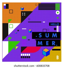 Trendy vector summer cards illustration with line elements and abstract colorful textures. Design for poster, card, invitation, brochure, and promotion template. Fashion art print and background.