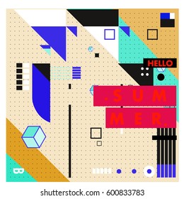 Trendy vector summer cards illustration with line elements and abstract colorful textures. Design for poster, card, invitation, brochure, and promotion template. Fashion art print and background.