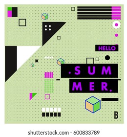 Trendy vector summer cards illustration with line elements and abstract colorful textures. Design for poster, card, invitation, brochure, and promotion template. Fashion art print and background.