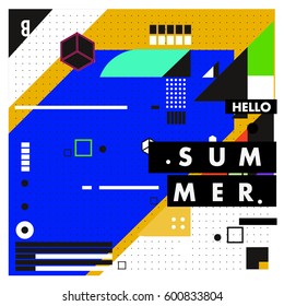 Trendy vector summer cards illustration with line elements and abstract colorful textures. Design for poster, card, invitation, brochure, and promotion template. Fashion art print and background.