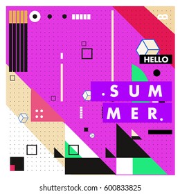Trendy vector summer cards illustration with line elements and abstract colorful textures. Design for poster, card, invitation, brochure, and promotion template. Fashion art print and background.
