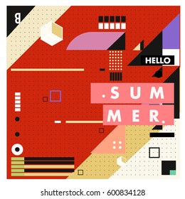 Trendy vector summer cards illustration with line elements and abstract colorful textures. Design for poster, card, invitation, brochure, and promotion template. Fashion art print and background.