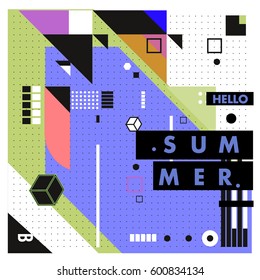 Trendy vector summer cards illustration with line elements and abstract colorful textures. Design for poster, card, invitation, brochure, and promotion template. Fashion art print and background.