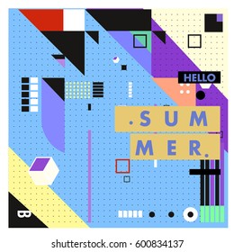 Trendy vector summer cards illustration with line elements and abstract colorful textures. Design for poster, card, invitation, brochure, and promotion template. Fashion art print and background.