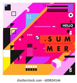 Trendy vector summer cards illustration with line elements and abstract colorful textures. Design for poster, card, invitation, brochure, and promotion template. Fashion art print and background.