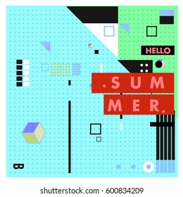 Trendy vector summer cards illustration with line elements and abstract colorful textures. Design for poster, card, invitation, brochure, and promotion template. Fashion art print and background.