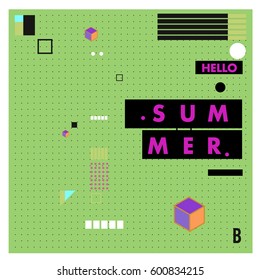 Trendy vector summer cards illustration with line elements and abstract colorful textures. Design for poster, card, invitation, brochure, and promotion template. Fashion art print and background.