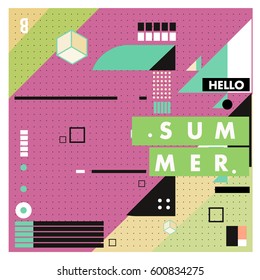 Trendy vector summer cards illustration with line elements and abstract colorful textures. Design for poster, card, invitation, brochure, and promotion template. Fashion art print and background.
