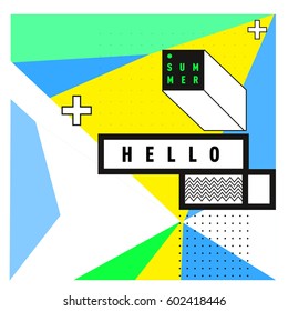Trendy vector summer cards illustration with line elements and abstract colorful textures. Design for poster, card, invitation, brochure, and promotion template. Fashion art print and background.