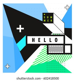 Trendy vector summer cards illustration with line elements and abstract colorful textures. Design for poster, card, invitation, brochure, and promotion template. Fashion art print and background.
