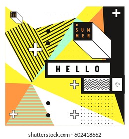 Trendy vector summer cards illustration with line elements and abstract colorful textures. Design for poster, card, invitation, brochure, and promotion template. Fashion art print and background.