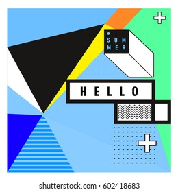 Trendy vector summer cards illustration with line elements and abstract colorful textures. Design for poster, card, invitation, brochure, and promotion template. Fashion art print and background.