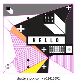 Trendy vector summer cards illustration with line elements and abstract colorful textures. Design for poster, card, invitation, brochure, and promotion template. Fashion art print and background.