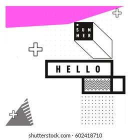 Trendy vector summer cards illustration with line elements and abstract colorful textures. Design for poster, card, invitation, brochure, and promotion template. Fashion art print and background.