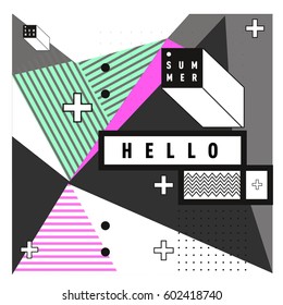 Trendy vector summer cards illustration with line elements and abstract colorful textures. Design for poster, card, invitation, brochure, and promotion template. Fashion art print and background.