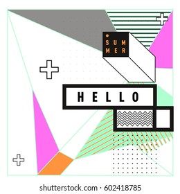 Trendy vector summer cards illustration with line elements and abstract colorful textures. Design for poster, card, invitation, brochure, and promotion template. Fashion art print and background.