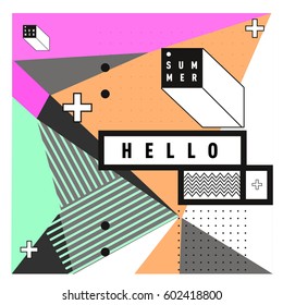 Trendy vector summer cards illustration with line elements and abstract colorful textures. Design for poster, card, invitation, brochure, and promotion template. Fashion art print and background.