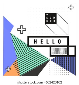 Trendy vector summer cards illustration with line elements and abstract colorful textures. Design for poster, card, invitation, brochure, and promotion template. Fashion art print and background.