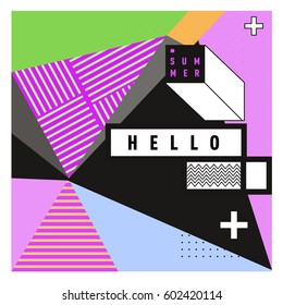 Trendy vector summer cards illustration with line elements and abstract colorful textures. Design for poster, card, invitation, brochure, and promotion template. Fashion art print and background.