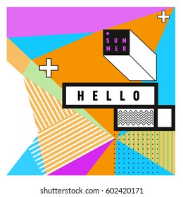 Trendy vector summer cards illustration with line elements and abstract colorful textures. Design for poster, card, invitation, brochure, and promotion template. Fashion art print and background.