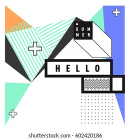 Trendy vector summer cards illustration with line elements and abstract colorful textures. Design for poster, card, invitation, brochure, and promotion template. Fashion art print and background.