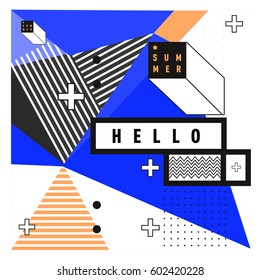 Trendy vector summer cards illustration with line elements and abstract colorful textures. Design for poster, card, invitation, brochure, and promotion template. Fashion art print and background.