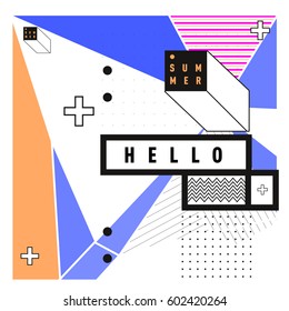 Trendy vector summer cards illustration with line elements and abstract colorful textures. Design for poster, card, invitation, brochure, and promotion template. Fashion art print and background.