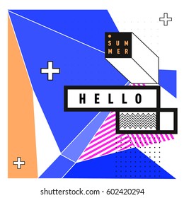 Trendy vector summer cards illustration with line elements and abstract colorful textures. Design for poster, card, invitation, brochure, and promotion template. Fashion art print and background.