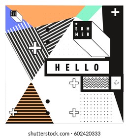 Trendy vector summer cards illustration with line elements and abstract colorful textures. Design for poster, card, invitation, brochure, and promotion template. Fashion art print and background.