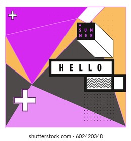 Trendy vector summer cards illustration with line elements and abstract colorful textures. Design for poster, card, invitation, brochure, and promotion template. Fashion art print and background.