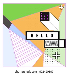 Trendy vector summer cards illustration with line elements and abstract colorful textures. Design for poster, card, invitation, brochure, and promotion template. Fashion art print and background.