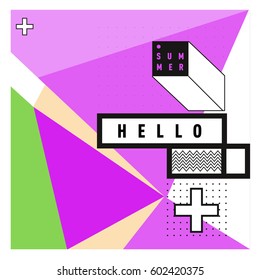 Trendy vector summer cards illustration with line elements and abstract colorful textures. Design for poster, card, invitation, brochure, and promotion template. Fashion art print and background.