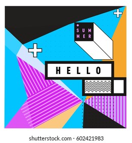 Trendy vector summer cards illustration with line elements and abstract colorful textures. Design for poster, card, invitation, brochure, and promotion template. Fashion art print and background.